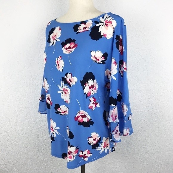 Roz & Ali Floral Flutter Sleeve Ruffle Bell Blue Pink Blouse Flowy Dressy Top XS - Picture 2 of 16